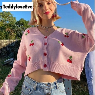 Cute sweet cherry embroidery v neck knit vest long sleeve cardigan crop top sweater sweatshirt pullover jumper e-girl kawaii korean japanese harajuku - Thumbnail 5