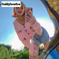 Cute Sweet Cherry Embroidery V Neck Knit Vest Long Sleeve Cardigan Crop Top Sweater Sweatshirt Pullover Jumper E-Girl Kawaii Korean Japanese Harajuku - Thumbnail 1