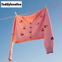 Cute Sweet Cherry Embroidery V Neck Knit Vest Long Sleeve Cardigan Crop Top Sweater Sweatshirt Pullover Jumper E-Girl Kawaii Korean Japanese Harajuku - Thumbnail 2