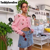 Cute Sweet Cherry Embroidery V Neck Knit Vest Long Sleeve Cardigan Crop Top Sweater Sweatshirt Pullover Jumper E-Girl Kawaii Korean Japanese Harajuku - Thumbnail 3