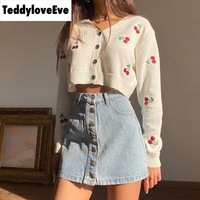 Cute Sweet Cherry Embroidery V Neck Knit Vest Long Sleeve Cardigan Crop Top Sweater Sweatshirt Pullover Jumper E-Girl Kawaii Korean Japanese Harajuku - Thumbnail 5