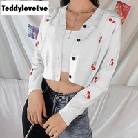 Cute Sweet Cherry Embroidery V Neck Knit Vest Long Sleeve Cardigan Crop Top Sweater Sweatshirt Pullover Jumper E-Girl Kawaii Korean Japanese Harajuku - Thumbnail 6