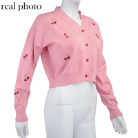 Cute Sweet Cherry Embroidery V Neck Knit Vest Long Sleeve Cardigan Crop Top Sweater Sweatshirt Pullover Jumper E-Girl Kawaii Korean Japanese Harajuku - Thumbnail 9