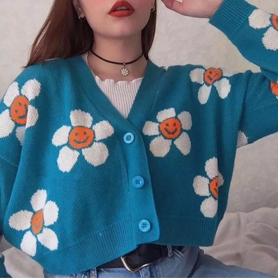 Cute vintage flower v neck long sleeve knit cardigan sweater sweatshirt pullover jumper e-girl kawaii korean japanese harajuku streetwear - Thumbnail 4