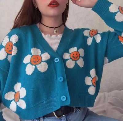 Cute Vintage Flower V Neck Long Sleeve Knit Cardigan Sweater Sweatshirt Pullover Jumper E-Girl Kawaii Korean Japanese Harajuku Streetwear