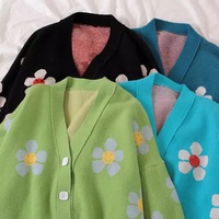 Cute Vintage Flower V Neck Long Sleeve Knit Cardigan Sweater Sweatshirt Pullover Jumper E-Girl Kawaii Korean Japanese Harajuku Streetwear - Thumbnail 1