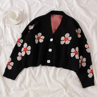 Cute Vintage Flower V Neck Long Sleeve Knit Cardigan Sweater Sweatshirt Pullover Jumper E-Girl Kawaii Korean Japanese Harajuku Streetwear - Thumbnail 5