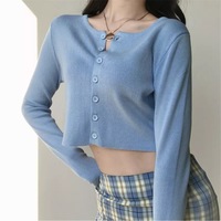 Cute Vintage O Neck Button Down Knit Cardigan Crop Top Sweater Sweatshirt Pullover Jumper E-Girl Kawaii Korean Japanese Harajuku Streetwear - Thumbnail 2