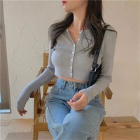Cute Vintage O Neck Button Down Knit Cardigan Crop Top Sweater Sweatshirt Pullover Jumper E-Girl Kawaii Korean Japanese Harajuku Streetwear - Thumbnail 1