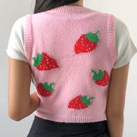 Cute Pink Strawberry V Neck Sleeveless Knit Crop Top Sweater Sweatshirt Pullover Jumper E-Girl Kawaii Korean Japanese Harajuku Streetwear - Thumbnail 4