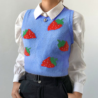 Cute Pink Strawberry V Neck Sleeveless Knit Crop Top Sweater Sweatshirt Pullover Jumper E-Girl Kawaii Korean Japanese Harajuku Streetwear - Thumbnail 3