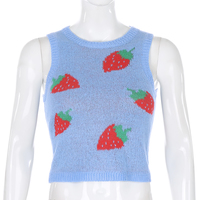 Cute Pink Strawberry V Neck Sleeveless Knit Crop Top Sweater Sweatshirt Pullover Jumper E-Girl Kawaii Korean Japanese Harajuku Streetwear - Thumbnail 5
