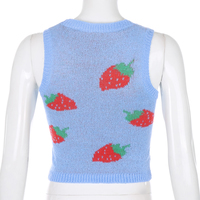 Cute Pink Strawberry V Neck Sleeveless Knit Crop Top Sweater Sweatshirt Pullover Jumper E-Girl Kawaii Korean Japanese Harajuku Streetwear - Thumbnail 6