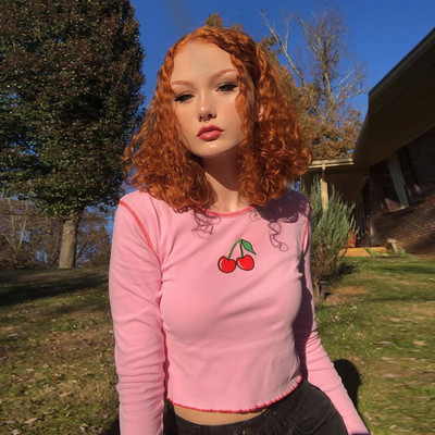 Cute pink cherry fruit embroidery crop top long sleeve shirt t-shirt causal tee summer e-girl kawaii korean japanese harajuku streetwear