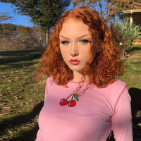 Cute Pink Cherry Fruit Embroidery Crop Top Long Sleeve Shirt T-shirt Causal Tee Summer E-Girl Kawaii Korean Japanese Harajuku Streetwear - Thumbnail 2