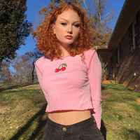 Cute Pink Cherry Fruit Embroidery Crop Top Long Sleeve Shirt T-shirt Causal Tee Summer E-Girl Kawaii Korean Japanese Harajuku Streetwear - Thumbnail 4