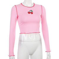 Cute Pink Cherry Fruit Embroidery Crop Top Long Sleeve Shirt T-shirt Causal Tee Summer E-Girl Kawaii Korean Japanese Harajuku Streetwear - Thumbnail 5