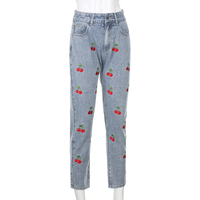Cute Sweet Vintage Cherry Embroidery Light Washed Blue Denim Jeans High Waisted Cargo Slim Bottom E-Girl Kawaii Korean Japanese Harajuku Streetwear - Thumbnail 1
