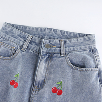 Cute Sweet Vintage Cherry Embroidery Light Washed Blue Denim Jeans High Waisted Cargo Slim Bottom E-Girl Kawaii Korean Japanese Harajuku Streetwear - Thumbnail 4
