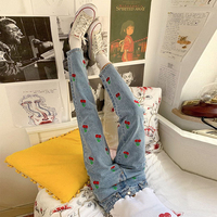 Cute Sweet Vintage Cherry Embroidery Light Washed Blue Denim Jeans High Waisted Cargo Slim Bottom E-Girl Kawaii Korean Japanese Harajuku Streetwear - Thumbnail 6