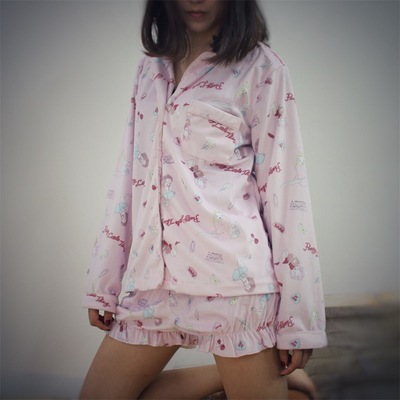 New cute girl cat lipstick print pink pajamas set