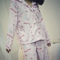 New cute girl cat lipstick print pink pajamas set - Thumbnail 2