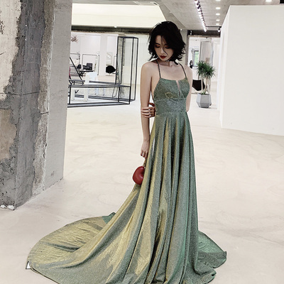 Simple a ling long backless prom dress green evening dress - Thumbnail 2