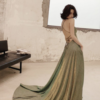 Simple A ling long backless prom dress green evening dress - Thumbnail 4