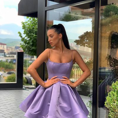 Stylish a line spaghetti straps purple short homecoming dresses with ruffles,194