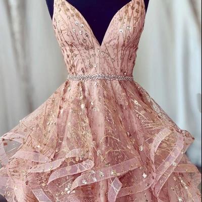 V neck short champagne lace prom dresses with corset back, short lace formal homecoming graduation dresses,195