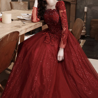 Burgundy lace long prom dress evening dress - Thumbnail 3
