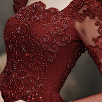Burgundy lace long prom dress evening dress - Thumbnail 4
