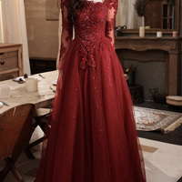 Burgundy lace long prom dress evening dress - Thumbnail 6