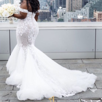 Stunning Mermaid Plus Size Tulle Wedding Dresses Off the Shoulder Pearls Lace South African Girl Bridal Gowns,205 - Thumbnail 1