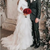 A-Line Round Neck Asymmetric Tulle Open Back Long Sleeves Wedding Dresses,,904 - Thumbnail 1