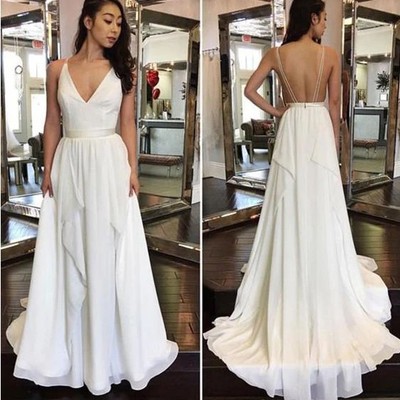2021 simple cheap sexy ivory a-line chiffon v-neck sleeveless ruffles backless wedding dress,905