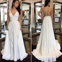 2021 Simple Cheap Sexy Ivory A-line Chiffon V-Neck Sleeveless Ruffles Backless Wedding Dress,905 - Thumbnail 2