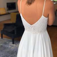 White Wedding Dress with Slit, Lace Spaghetti straps Wedding Dress, V neck Open Back Beaded Wedding Dress, Beach Wedding Dress,906 - Thumbnail 1