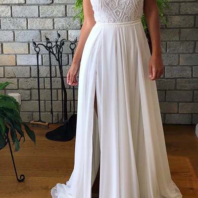 White wedding dress with slit, lace spaghetti straps wedding dress, v neck open back beaded wedding dress, beach wedding dress,906