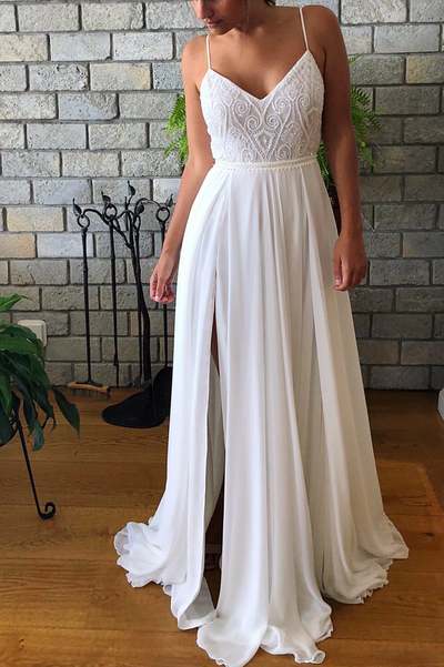 White Wedding Dress with Slit, Lace Spaghetti straps Wedding Dress, V neck Open Back Beaded Wedding Dress, Beach Wedding Dress,906