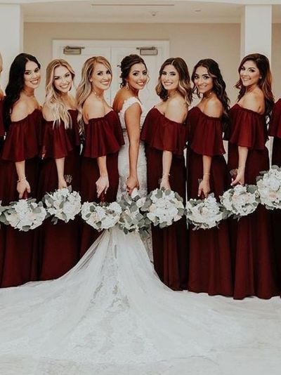 Boho A-Line Off the Shoulder Burgundy Chiffon Long Bridesmaid Dress 