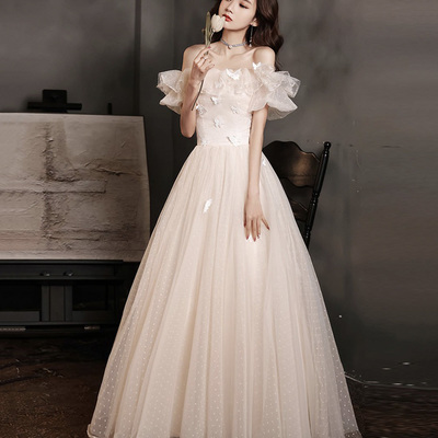 Champagne tulle long prom dress evening dress - Thumbnail 2