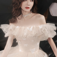 Champagne tulle long prom dress evening dress - Thumbnail 1