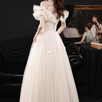 Champagne tulle long prom dress evening dress - Thumbnail 6