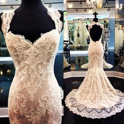 Mermaid open back bridal gown wedding dresses with appliques - Thumbnail 3
