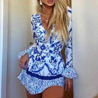 Printed Casual V-Neck Long Sleeve Dress - Thumbnail 1