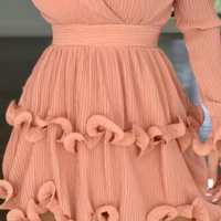 Sweet Solid Color Deep V Long Sleeve Lace Dress - Thumbnail 2