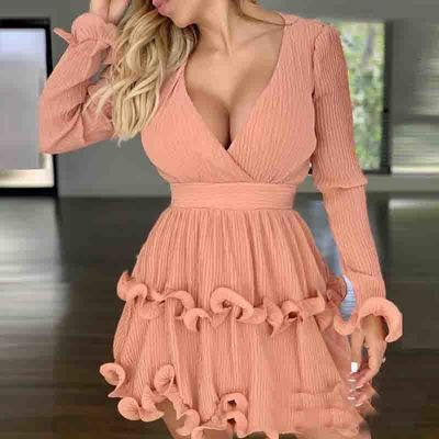 Sweet Solid Color Deep V Long Sleeve Lace Dress