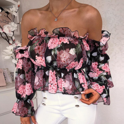 Long-sleeved floral print off-shoulder ruffled shirt - Thumbnail 5