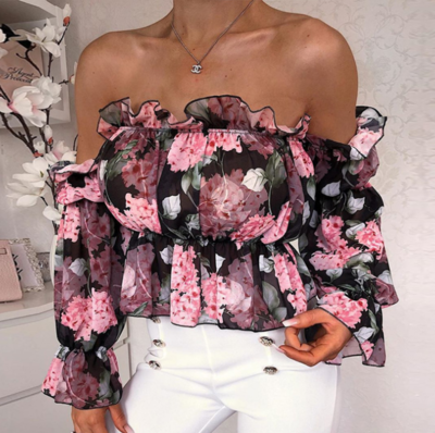 Long-Sleeved Floral Print Off-Shoulder Ruffled Shirt